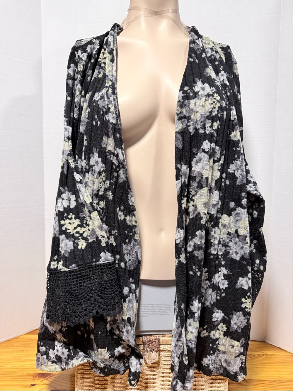 Maurices Black Floral Open-Front Cardigan with Crochet Trim